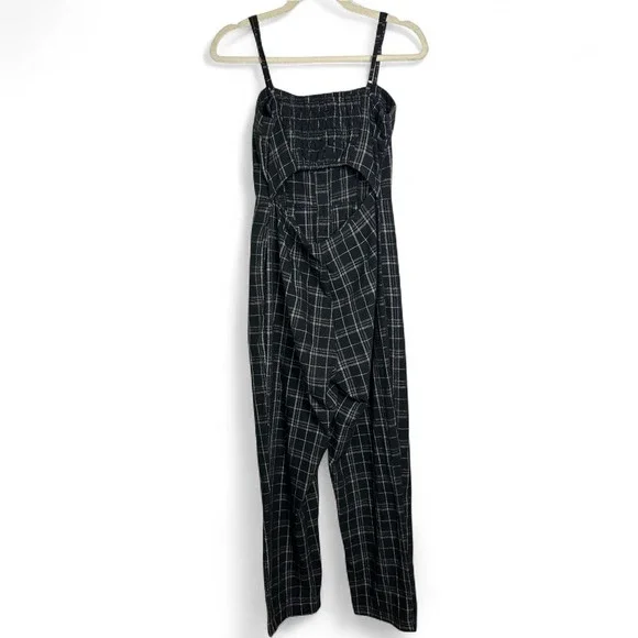 Lush Black Plaid Button Front Jumpsuit Small Strappy Cutout Back One Piece - Picture 2 of 6